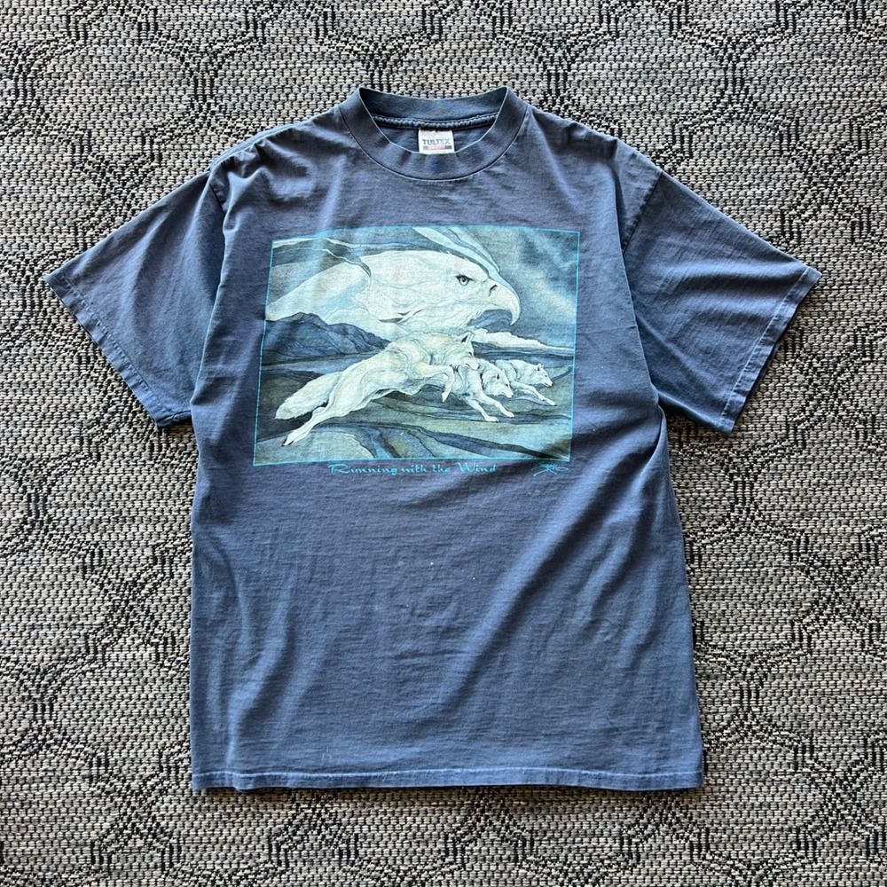 Vintage‎ Eagle T-Shirt Mens XL Blue Wolf Nature 90s Outdoors Environment Tultex